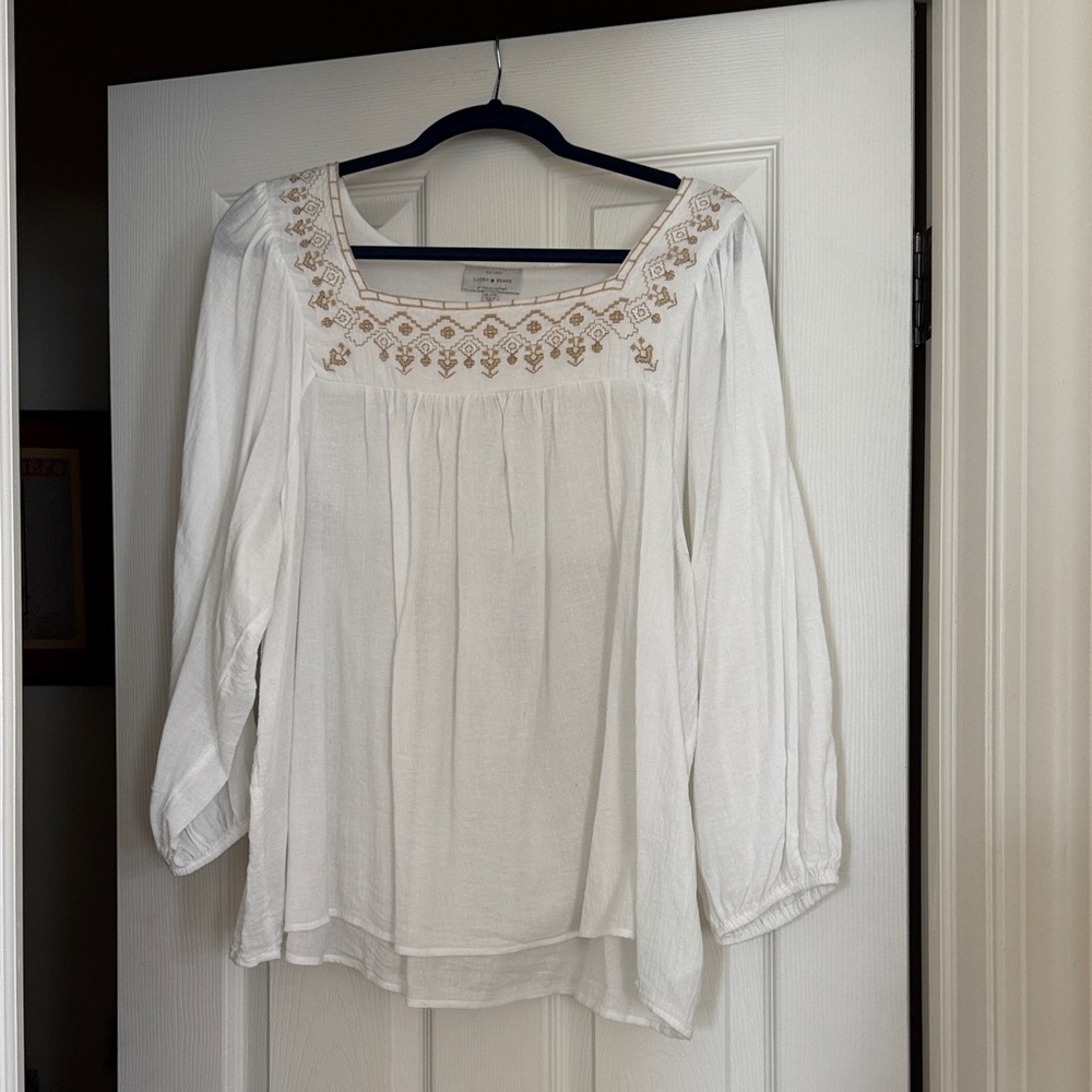 Lucky Brand White Blouse with Gold Embroidery